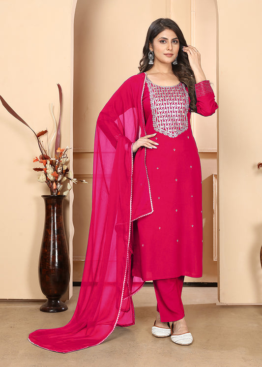 Dark Pink Premium Rayon Heavy Sequence Embroidery Kurti Pant Pair