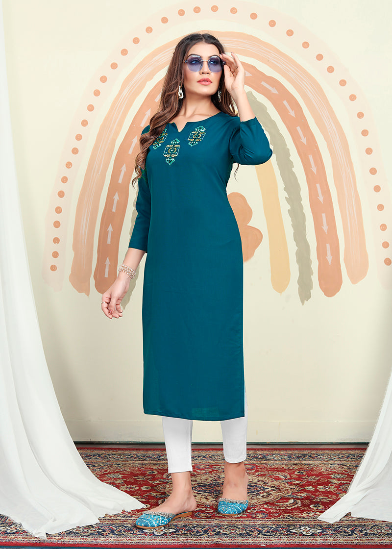 Teal Blue Maaza Cotton Handwork with Pocket Kurti