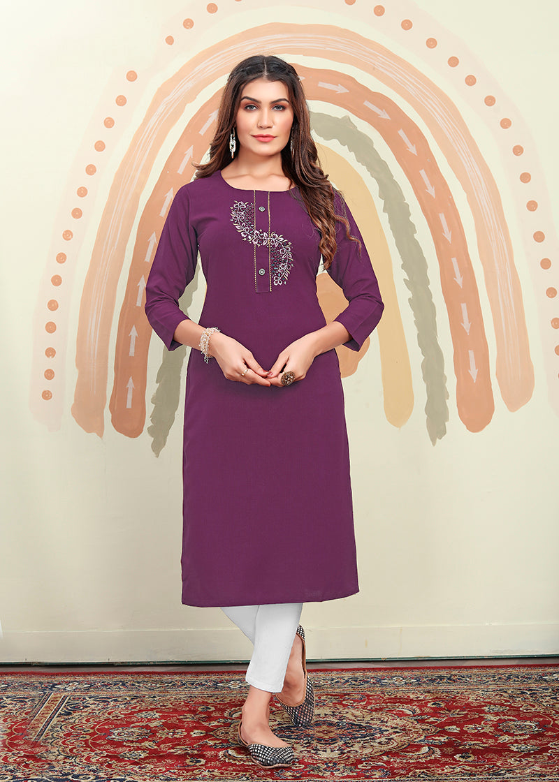 Purple Maaza Cotton Handwork with Pocket Kurti