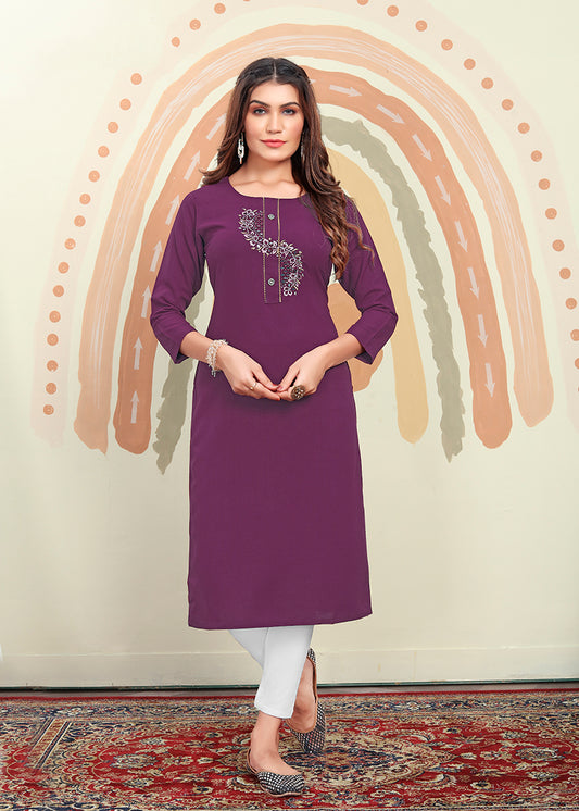 Purple Maaza Cotton Handwork with Pocket Kurti