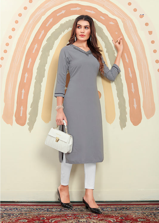 Grey Maaza Cotton Handwork with Pocket Kurti