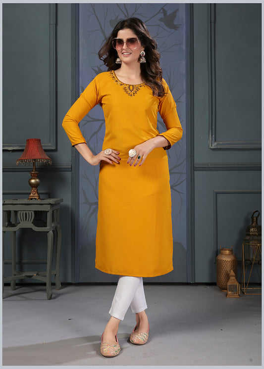 Mustard Maaza Cotton Handwork with Pocket Kurti