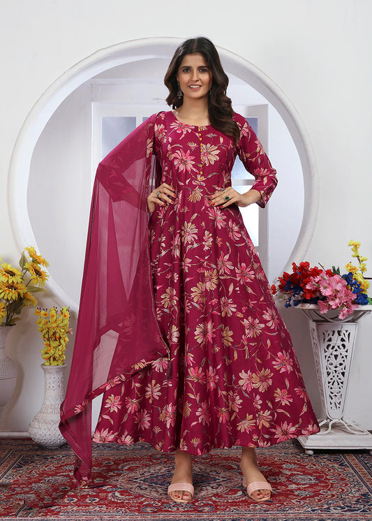Rani Pink Premium Chanderi Floral Printed Long Kurti with Dupatta