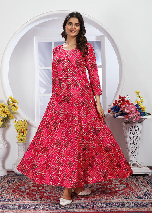 Pink Premium Rayon Floral Printed Long Kurti with Dupatta