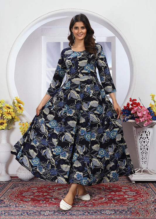 Royal Blue Premium Rayon Floral Printed Long Kurti with Dupatta