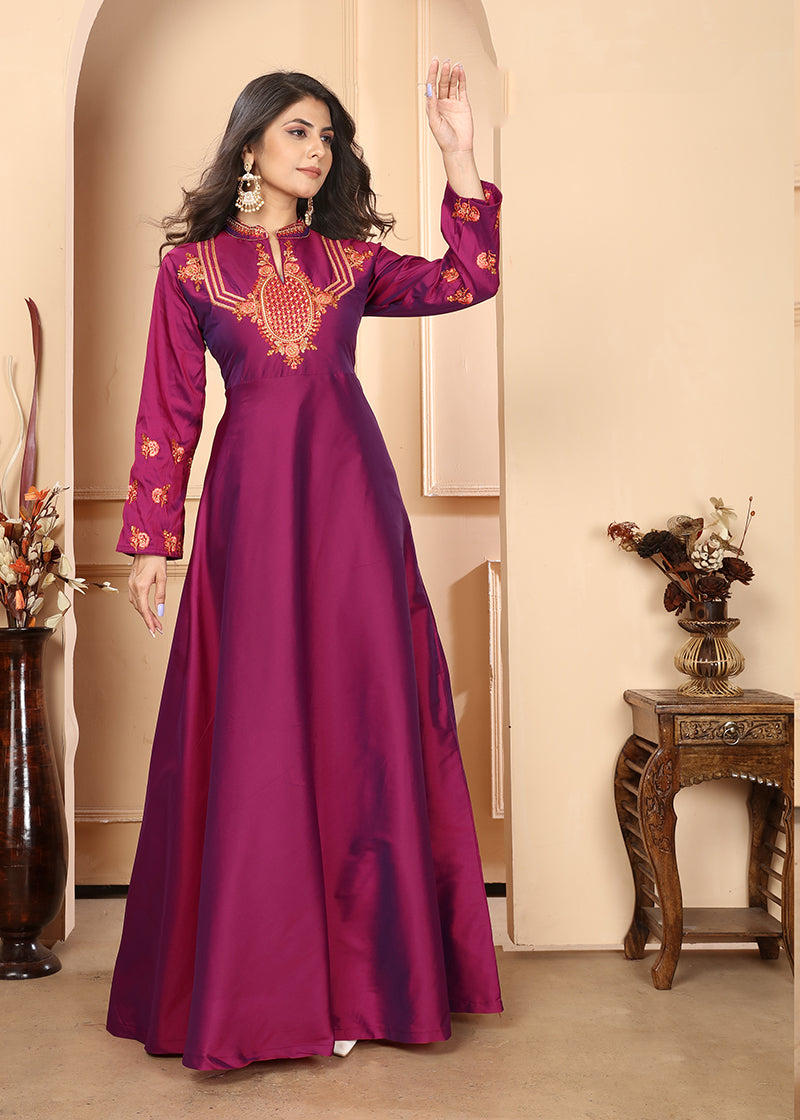 Magenta Triva Silk Embroidered Wedding Wear Gown