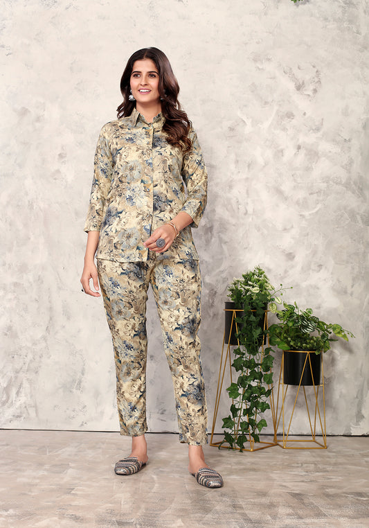 Cream Premium Rayon Floral Printed Co Ord Set