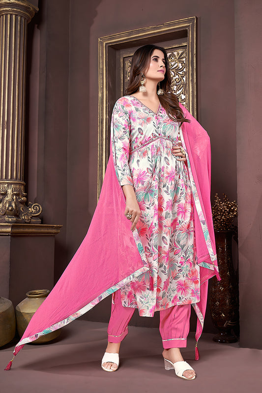 Off White and Pink Rayon Printed Afghani Suit