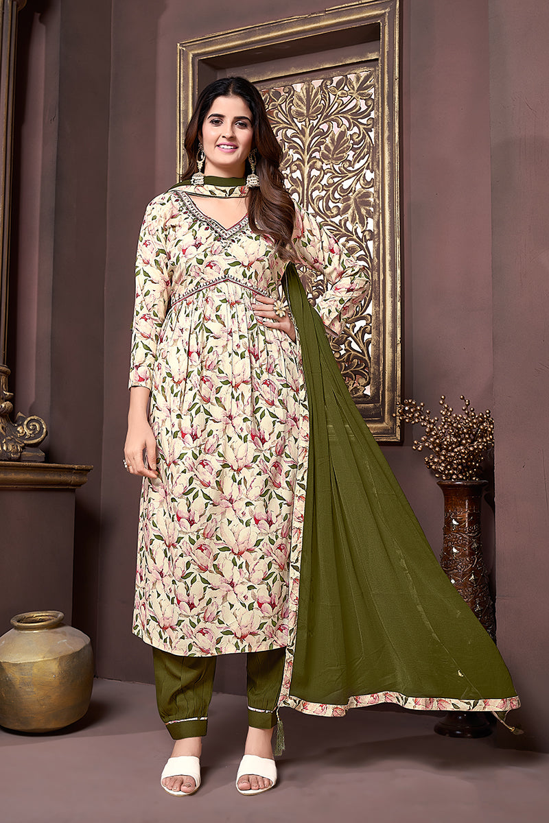Mehendi green Rayon Printed Festival Wear Afghani Suit
