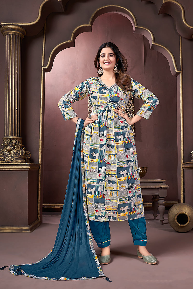 Blue Rayon Printed Festival Wear Afghani Suit