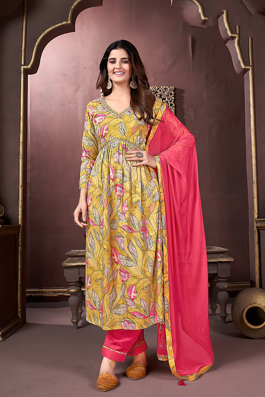 Yellow and Pink Rayon Printed Festival Wear Afghani Suit