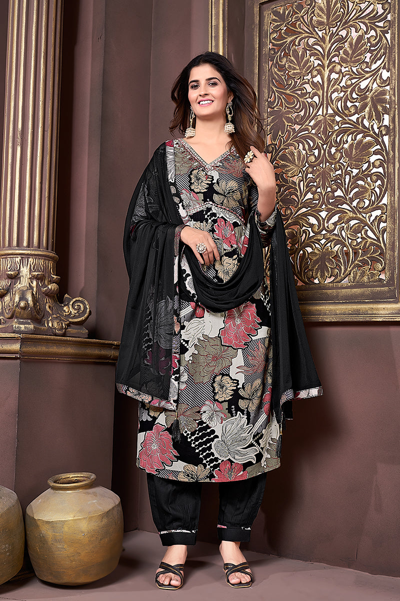 Black Rayon Printed Festival Wear Afghani Suit
