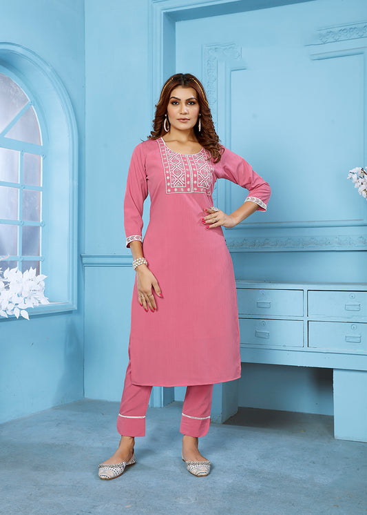 Rose Pink Rinkal Cotton with Embroidered Work Kurti With Pant