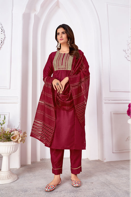 Maroon Vertical Silk Heavy Sequence Embroidery Kurta Set With Banarasi Dupatta