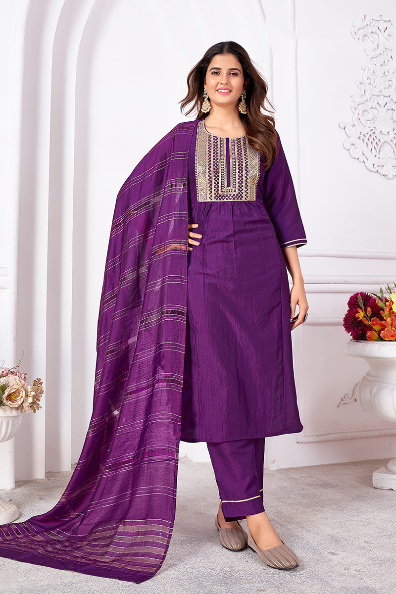 Purple Vertical Silk Heavy Sequence Embroidery Kurta Set With Banarasi Dupatta
