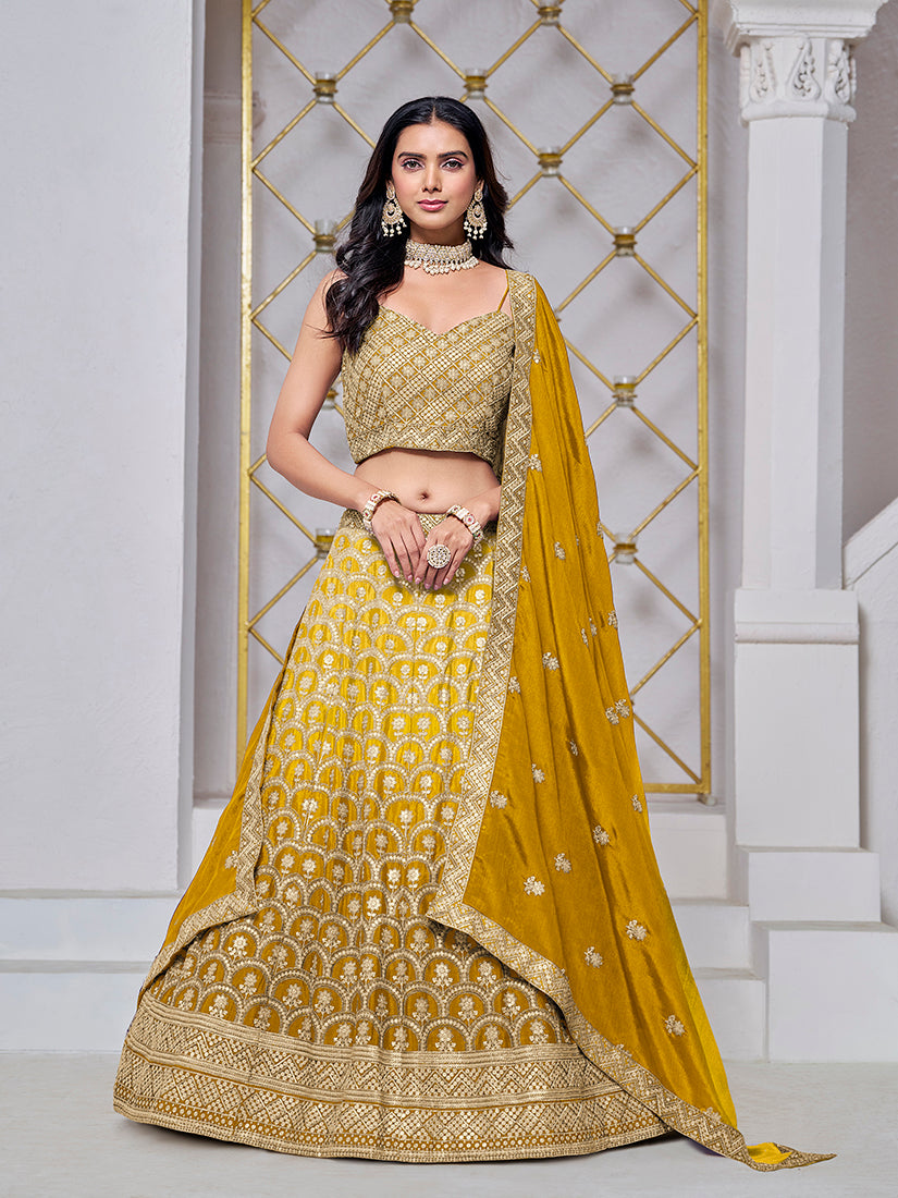Yellow Chinon Zari Embroidered Readymade Lehenga Choli