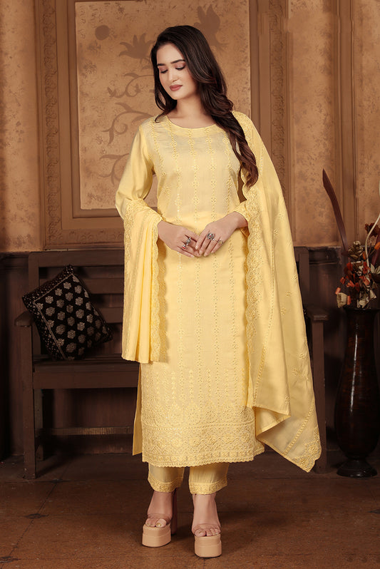 Light Yellow Chanderi With Heavy Sequence Embroidery Classic Suit
