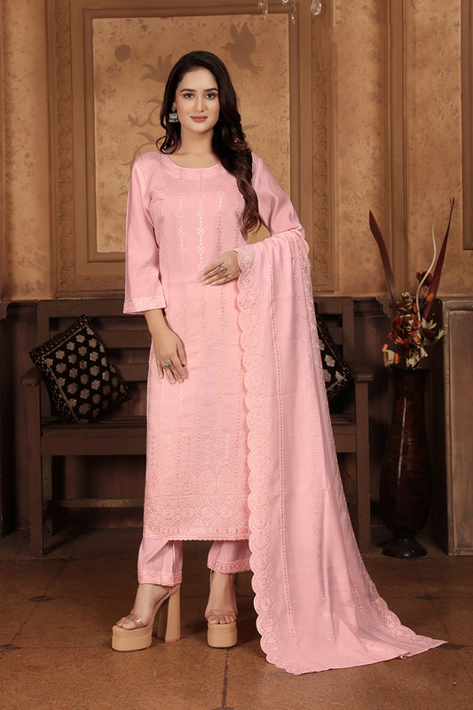 Light Pink Chanderi With Heavy Sequence Embroidery Classic Suit