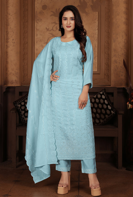 Light Blue Chanderi With Heavy Sequence Embroidery Classic Suit