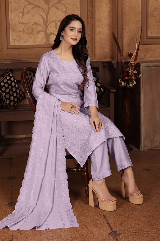 Lilac Chanderi With Heavy Sequence Embroidery Classic Suit
