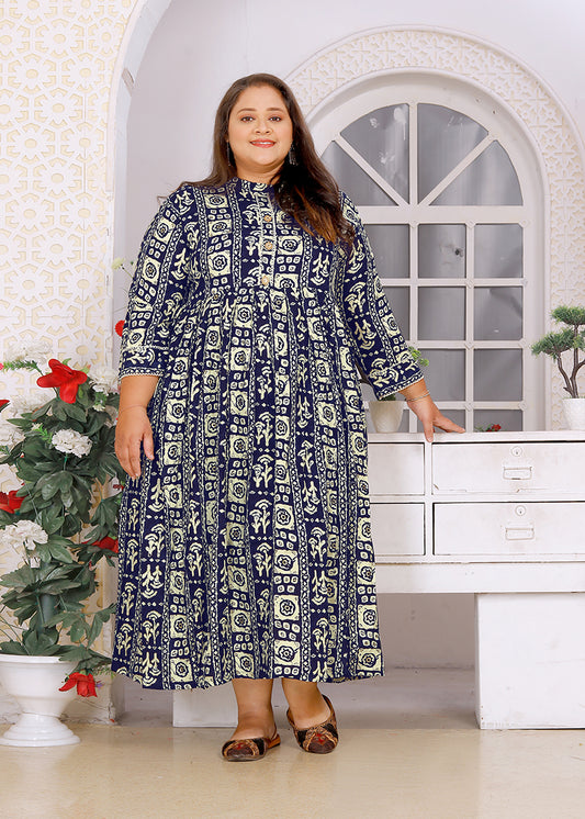 Navy Blue Rayon Plus Size Printed Long Kurti
