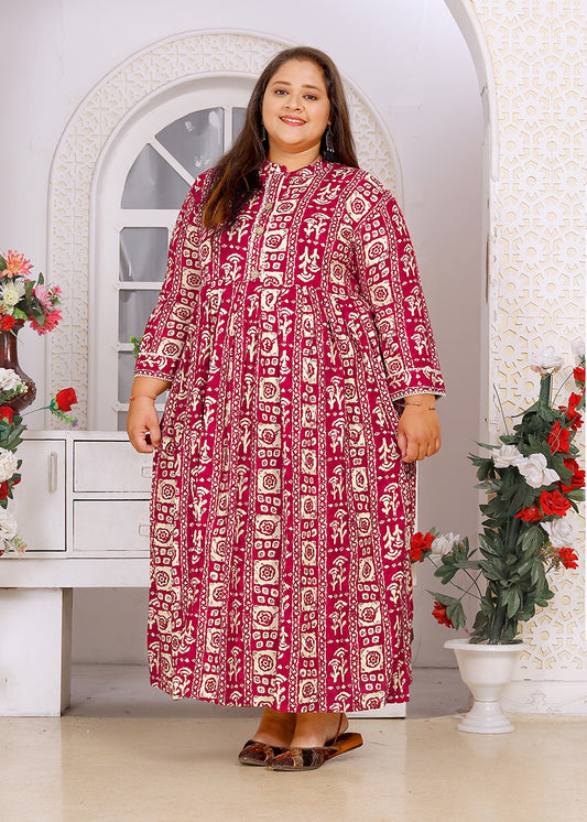 Rani Pink Rayon Plus Size Printed Long Kurti