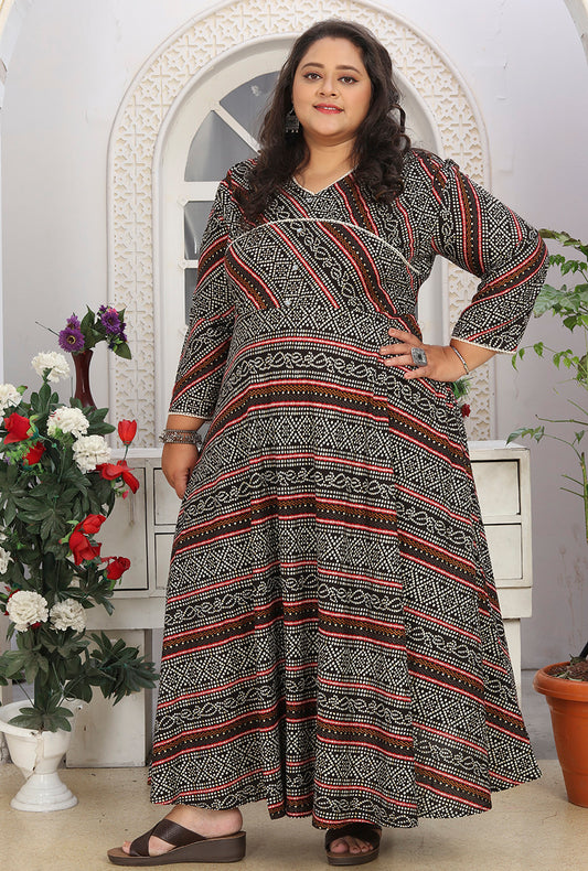 Black Premium Rayon Bandhani Design Printed Long Flared Kurti