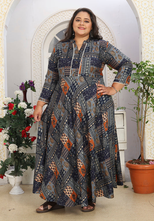 Navy blue Premium Rayon Printed Long Flared Kurti