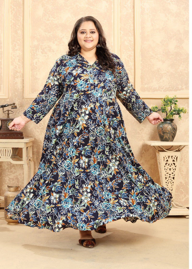 Black Premium Rayon Printed Long Flared Kurti