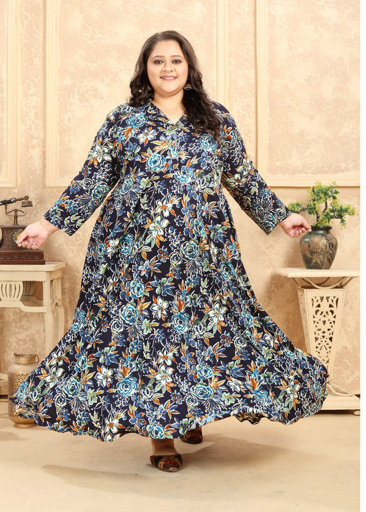 Black Premium Rayon Printed Long Flared Kurti
