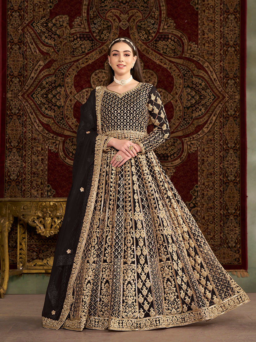 Black Net Heavy Sequence Work Floor Length Anarkali Suit