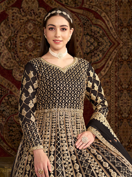 Black Net Heavy Sequence Work Floor Length Anarkali Suit