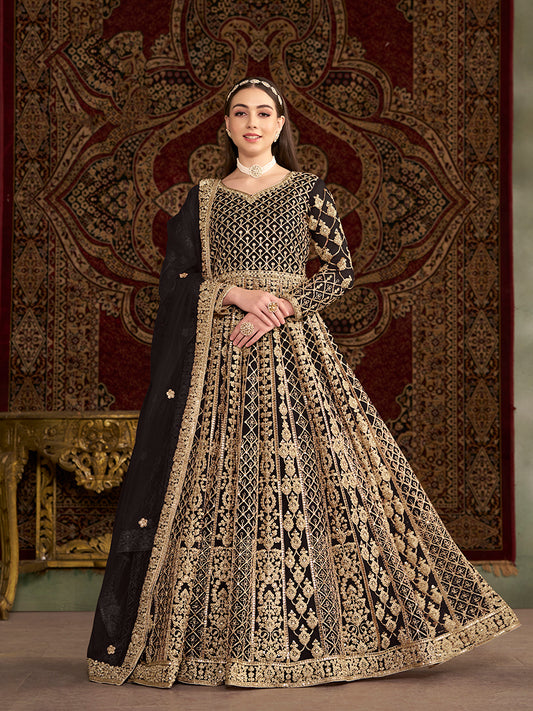 Black Net Heavy Sequence Work Floor Length Anarkali Suit