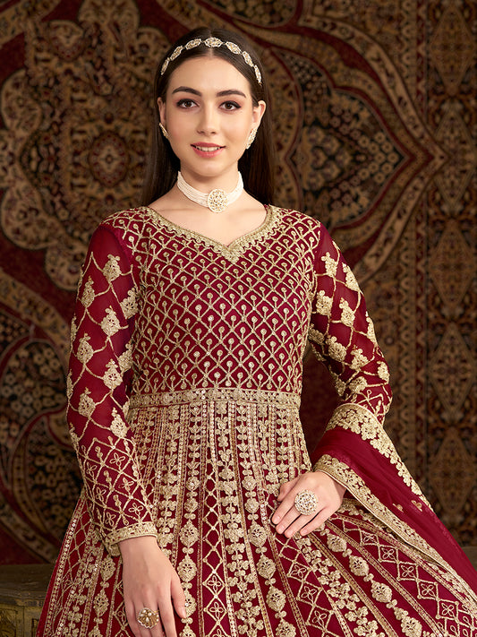 Maroon Net Heavy Sequence Work Floor Length Anarkali Suit