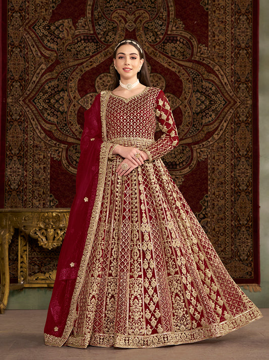 Maroon Net Heavy Sequence Work Floor Length Anarkali Suit