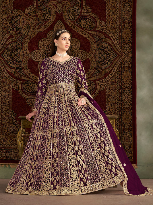 Purple Net Heavy Sequence Work Floor Length Anarkali Suit