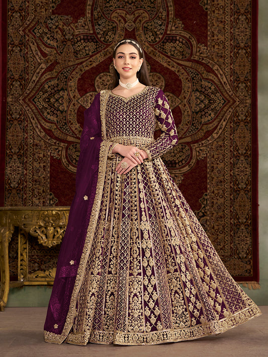 Purple Net Heavy Sequence Work Floor Length Anarkali Suit