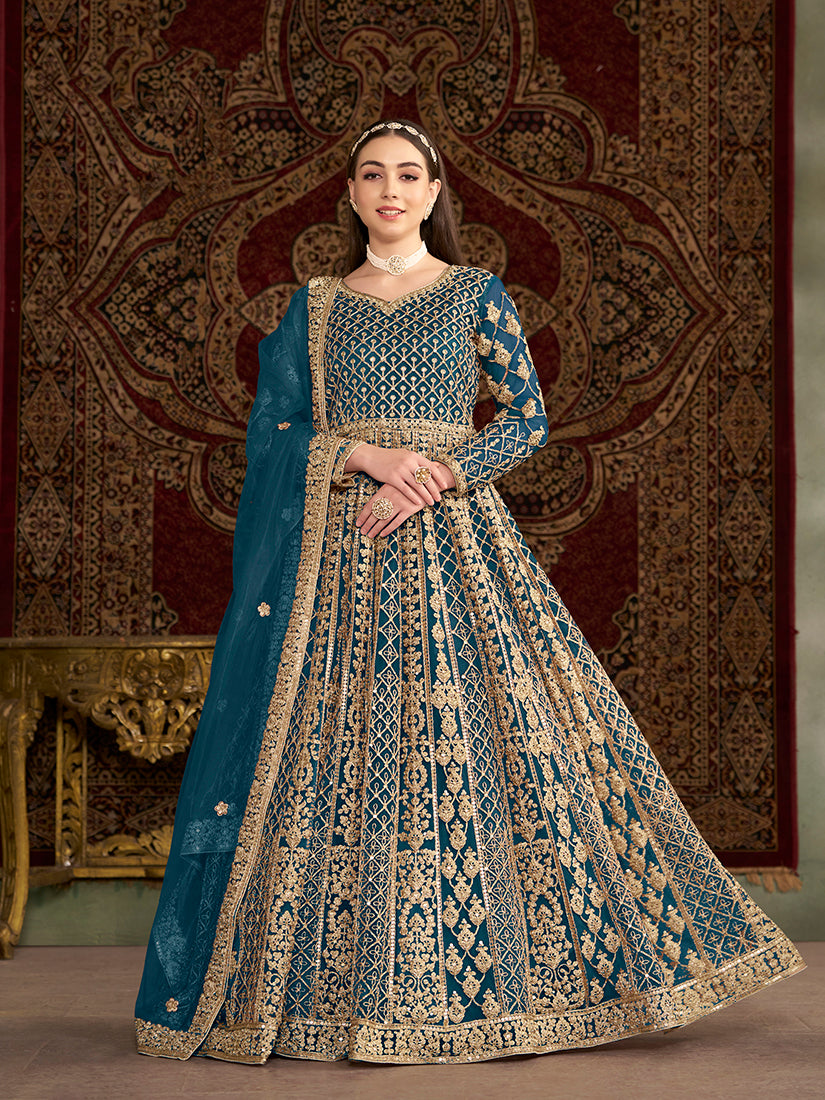 Teal Net Heavy Sequence Work Floor Length Anarkali Suit