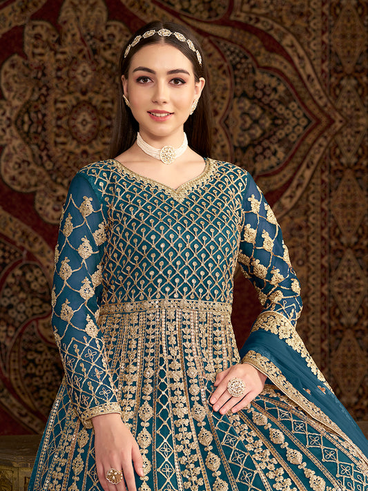 Teal Net Heavy Sequence Work Floor Length Anarkali Suit