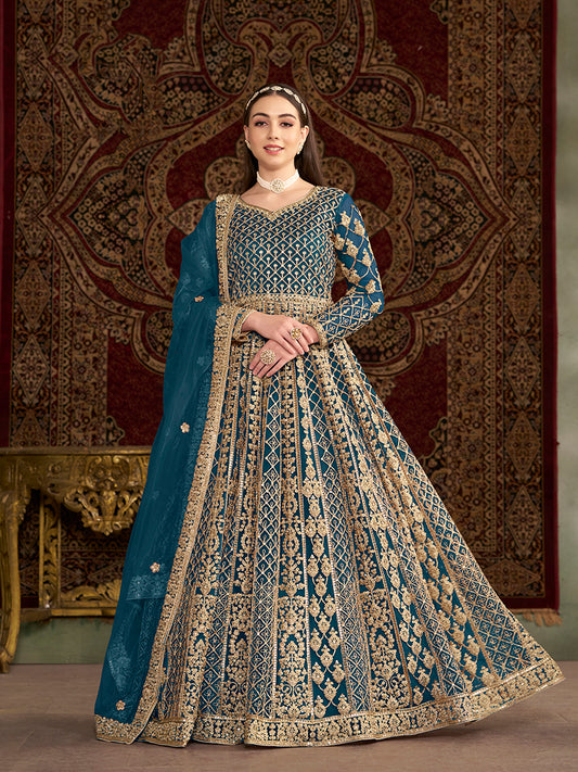 Teal Net Heavy Sequence Work Floor Length Anarkali Suit