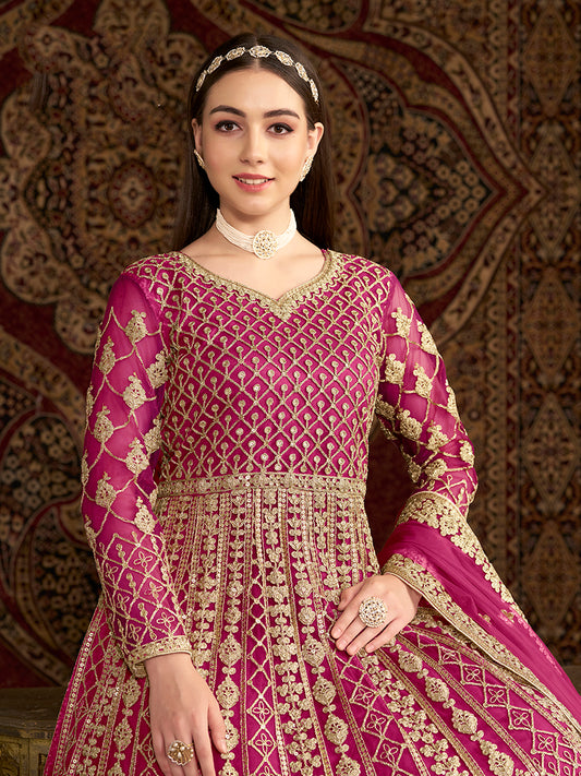 Rani Pink Net Heavy Sequence Work Floor Length Anarkali Suit