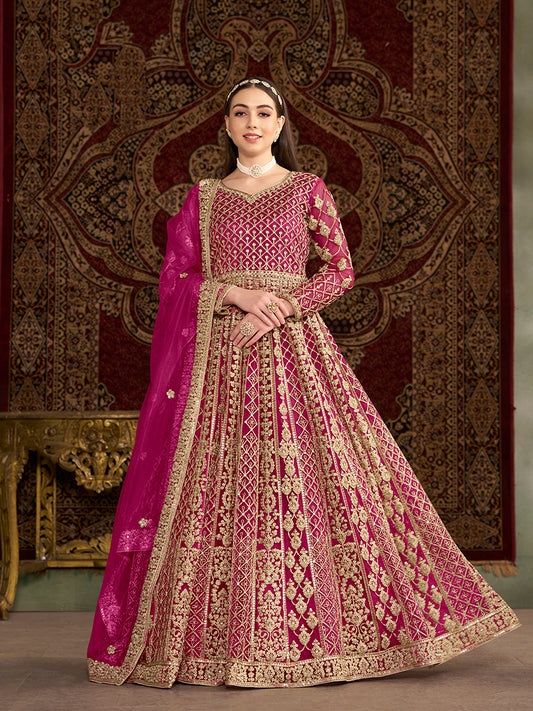 Rani Pink Net Heavy Sequence Work Floor Length Anarkali Suit