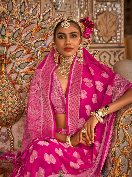 Rani Pink Georgette Weaving Work With Zar Border Work Saree