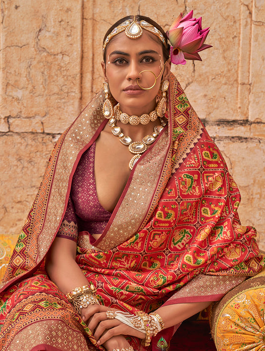 Red Viscose Silk embelishment Of Print Work Saree