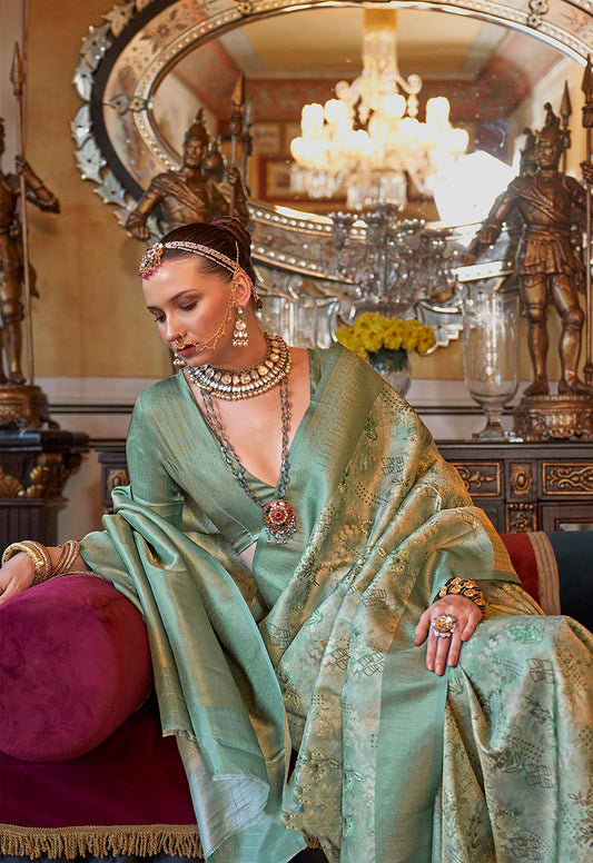 Cream And Sea Green Tussar Silk Digital Print Zari Border Saree