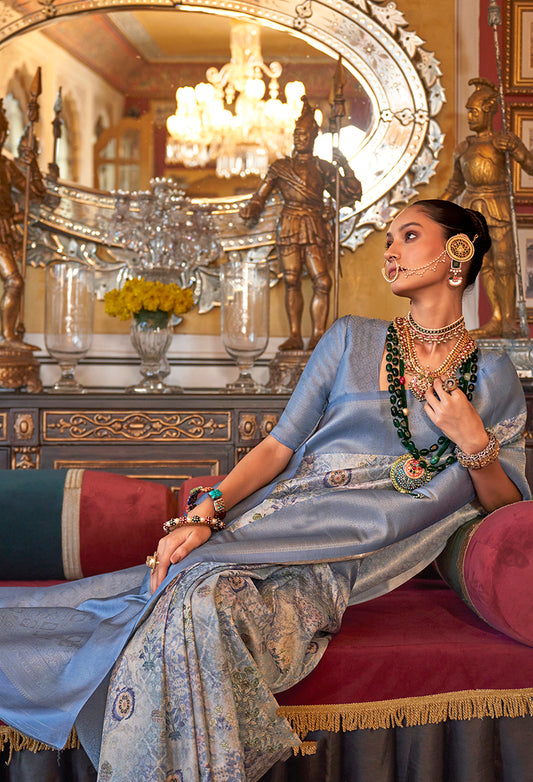 Grey And Blue Tussar Silk Digital Print Zari Border Saree