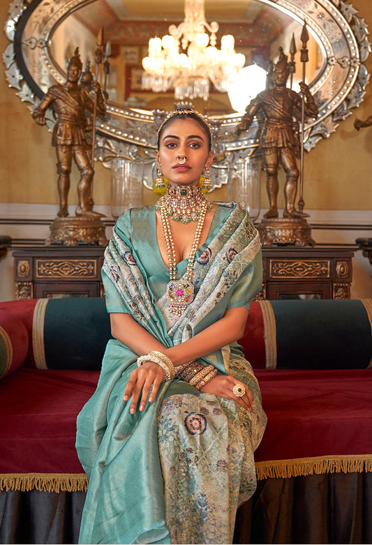 Turquoise Tussar Silk Digital Print Zari Border Saree