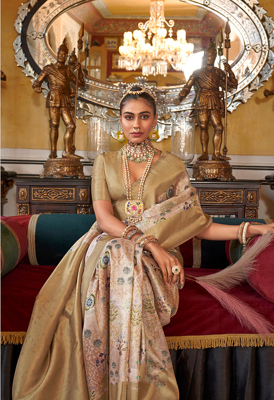 Cream Tussar Silk Digital Print Zari Border Saree