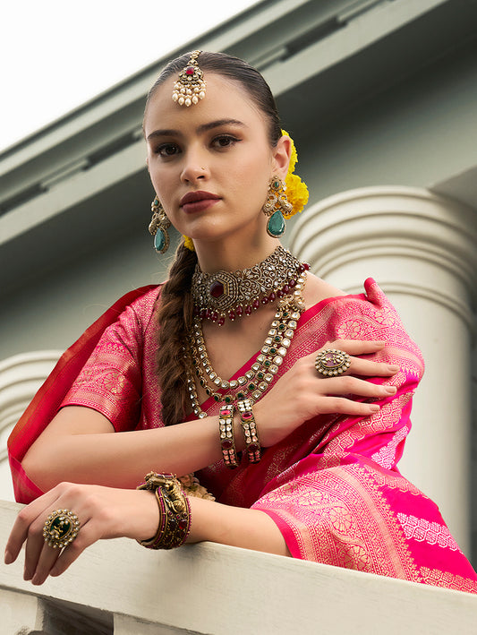 Rani Pink Viscose Silk Jaal And Weaving Work Saree