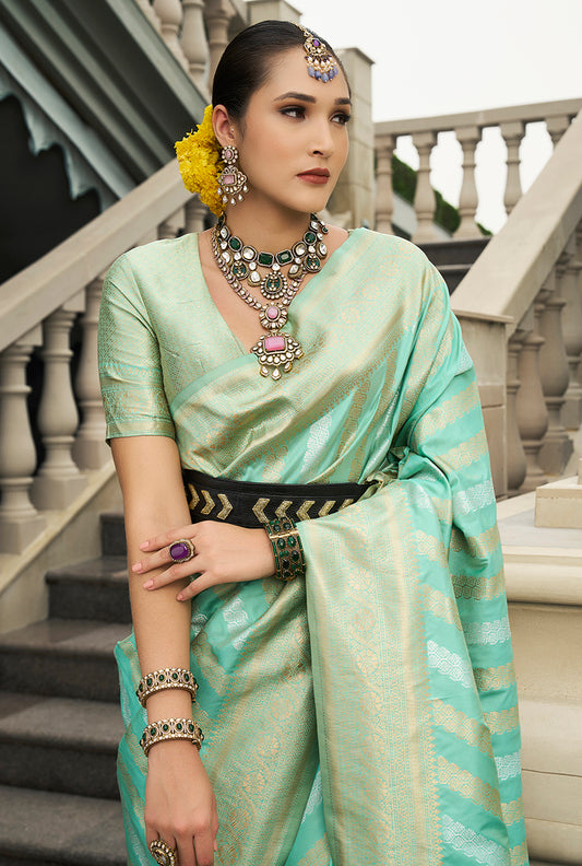 Turquoise Viscose Silk Jaal And Weaving Work Saree